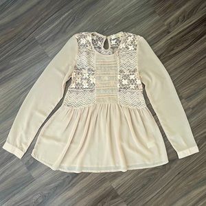 Elodie Women's Buff‎ Chiffon & Lace Cut-Out Long Sleeve Blouse Size Small